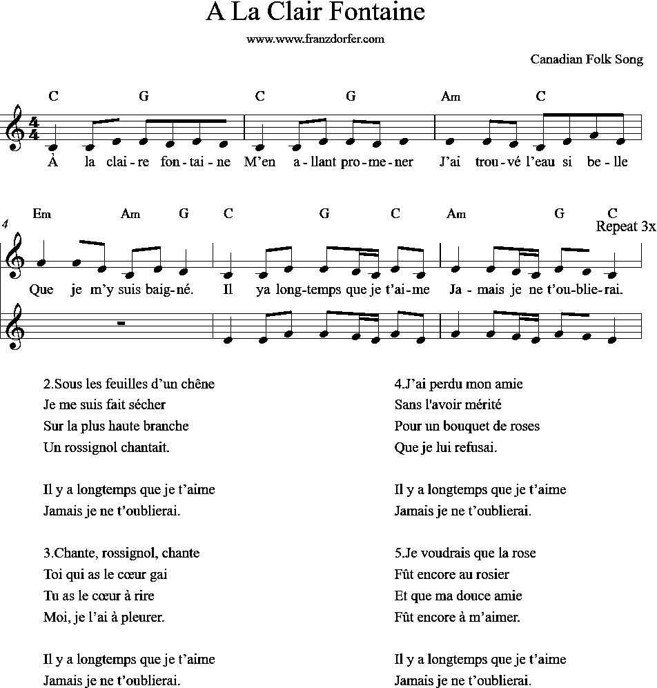 sheetmusic, A La Clair Fintaine, C-Major